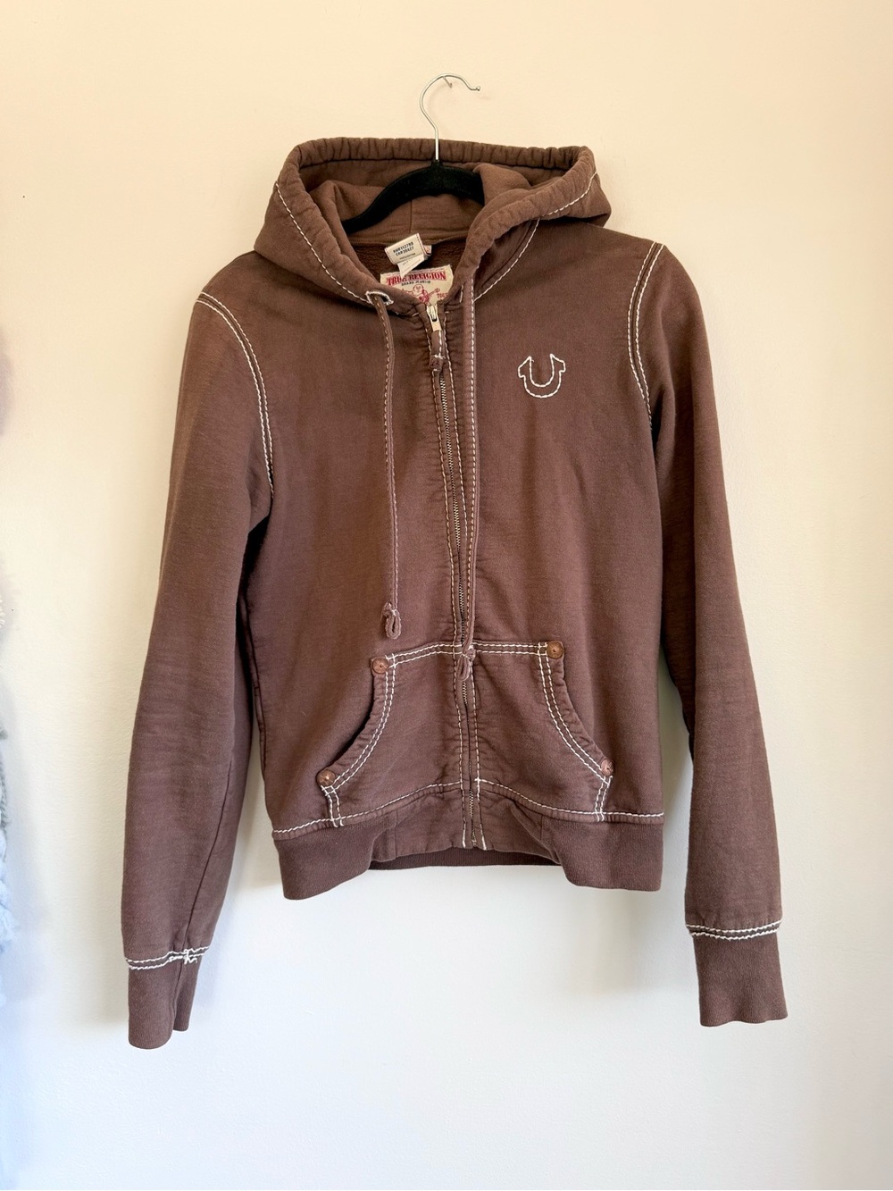 Vintage True Religion Brown Full-Zip Classic Hoodie Embroidered Trim Horseshoe